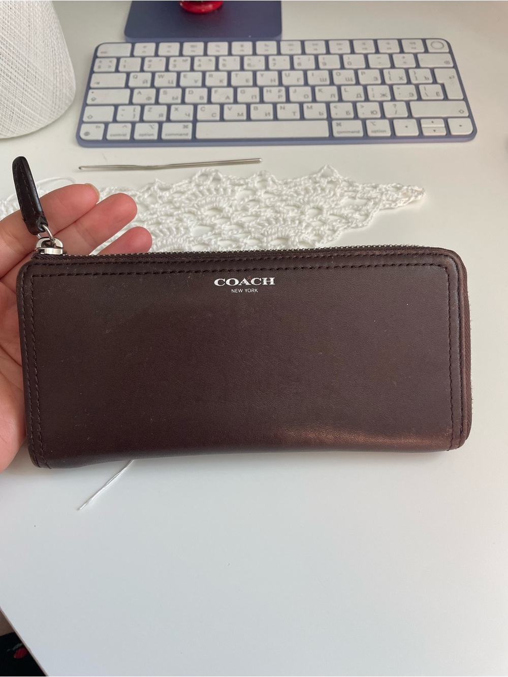 Coach Leather Accordion Zip Wallet in Dark Brown with Silver Logo